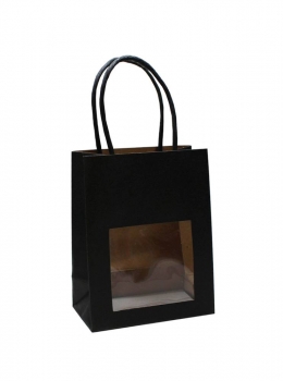 Tragtasche 110x60x150mm, glatt schwarz, mit Papierkordel und Sichtfenster
